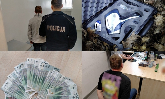 w lewym górnym rogu umundurowanego policjanta z zatrzymanym mężczyzną w celi, w prawym górnym rogu widać urządzenie do badania metalu, w lewym dolnym rogu pieniądze w polskiej walucie na stole, w prawym dolnym rogu zdjęcie przedstawia zatrzymanego siedzącego tyłem w pokoju przesłuchań na rękach ma kajdanki spięte z tyłu.