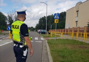 Zdjęcie przedstawia policjanta w stojącego w rejonie przejścia dla pieszych